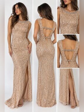 SCALA BEADED & Sequin Embellished Champagne Evening Gown